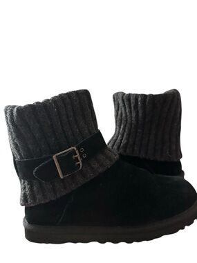 UGG Women Black Suede Ankle Boots with Dark Gray Knit Cuff and Buckle